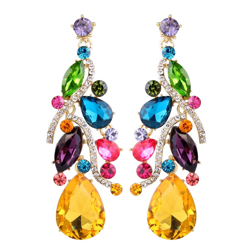 BriLove Bohemian Boho Dangle Earrings for Women Crystal Multi Teardrop Filigree Cluster Chandelier Jewelry Multicolor Colorful Gold-Toned - Image 1